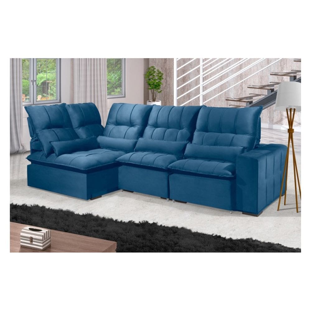 Sofá Retrátil Reclinável ELLOA DE CANTO COM CHAISE 3.85 x 1.80m ESTILO ESTOFADOS - França Velusoft COR "AZUL"