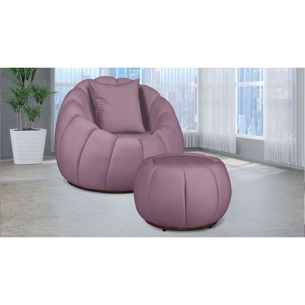 Kit Poltrona Decorativa C/ Puff + Almofada Concha Veludo Rose - Londrilar