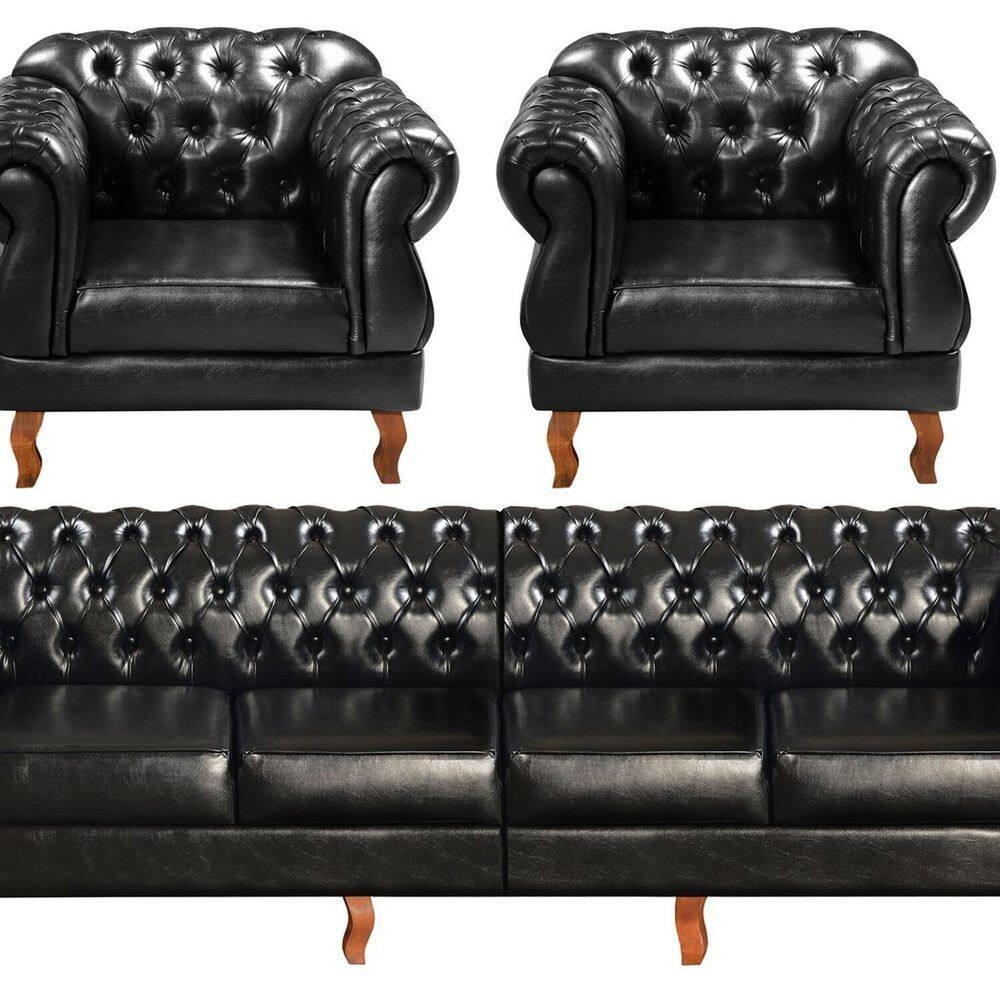 Sofá Duquesa Chesterfield Modulado 4 Lugares 2 Poltronas Decoração Sara Recepção Preto