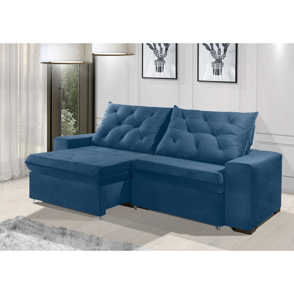 Sofá Retrátil e Reclinável 2.10m ESTILO ESTOFADOS - EUROPA com SoftGel D33 Velupluma \"Azul\"