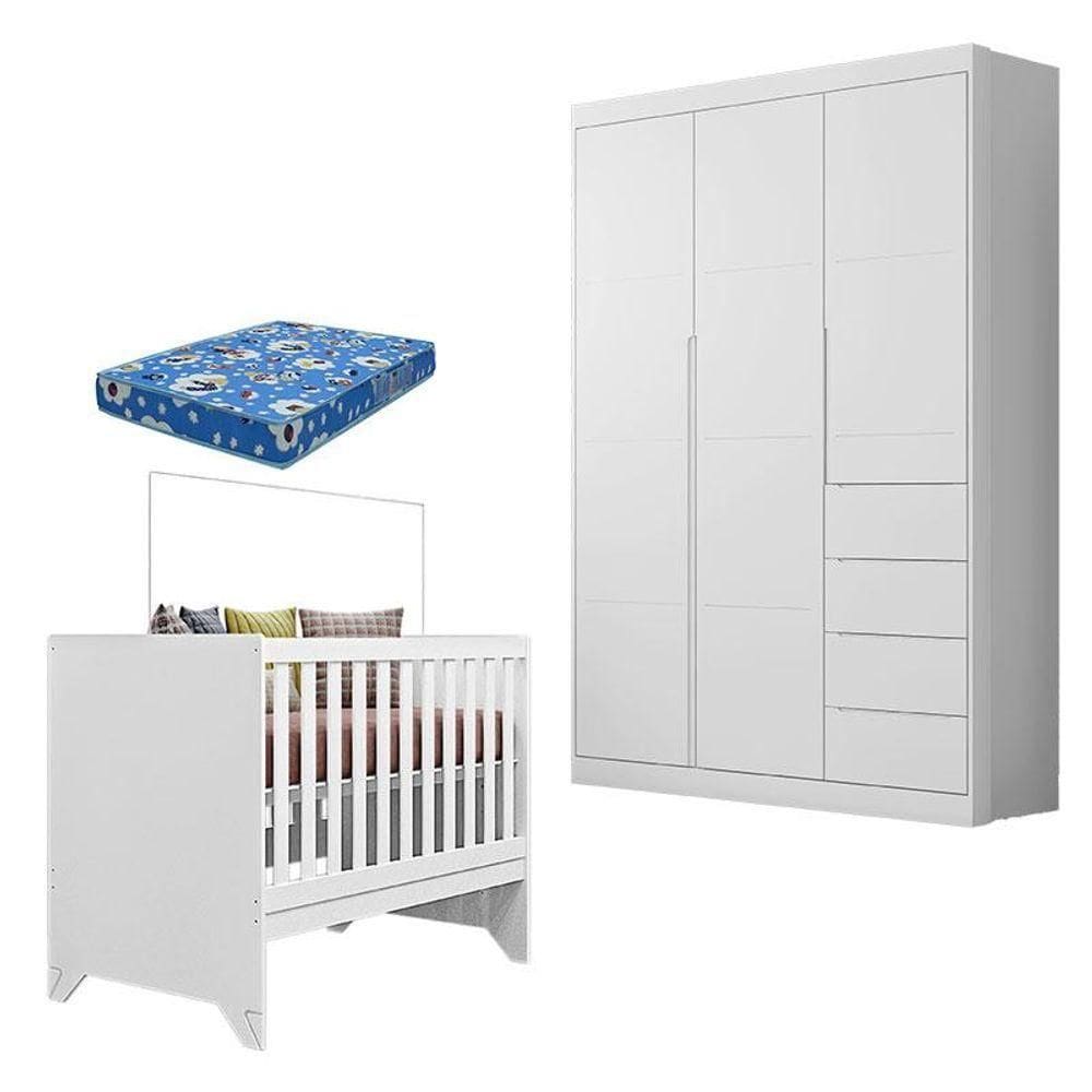Berço Americano Retro Maya E Guarda Roupa Infantil Eloá Branco Acetinado Com Colchão Ortobom
