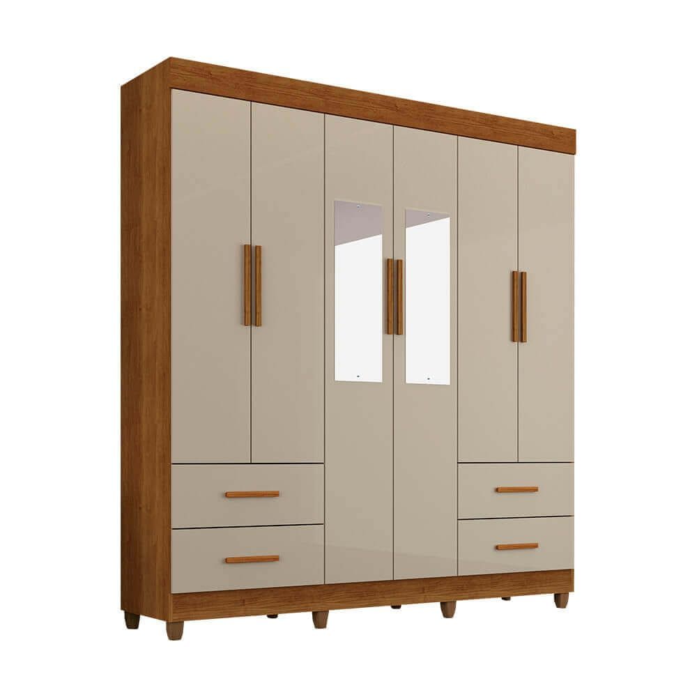 Guarda Roupa Casal 6 Portas com espelho e 4 Gavetas Verona Cinamomo/Off White Salleto