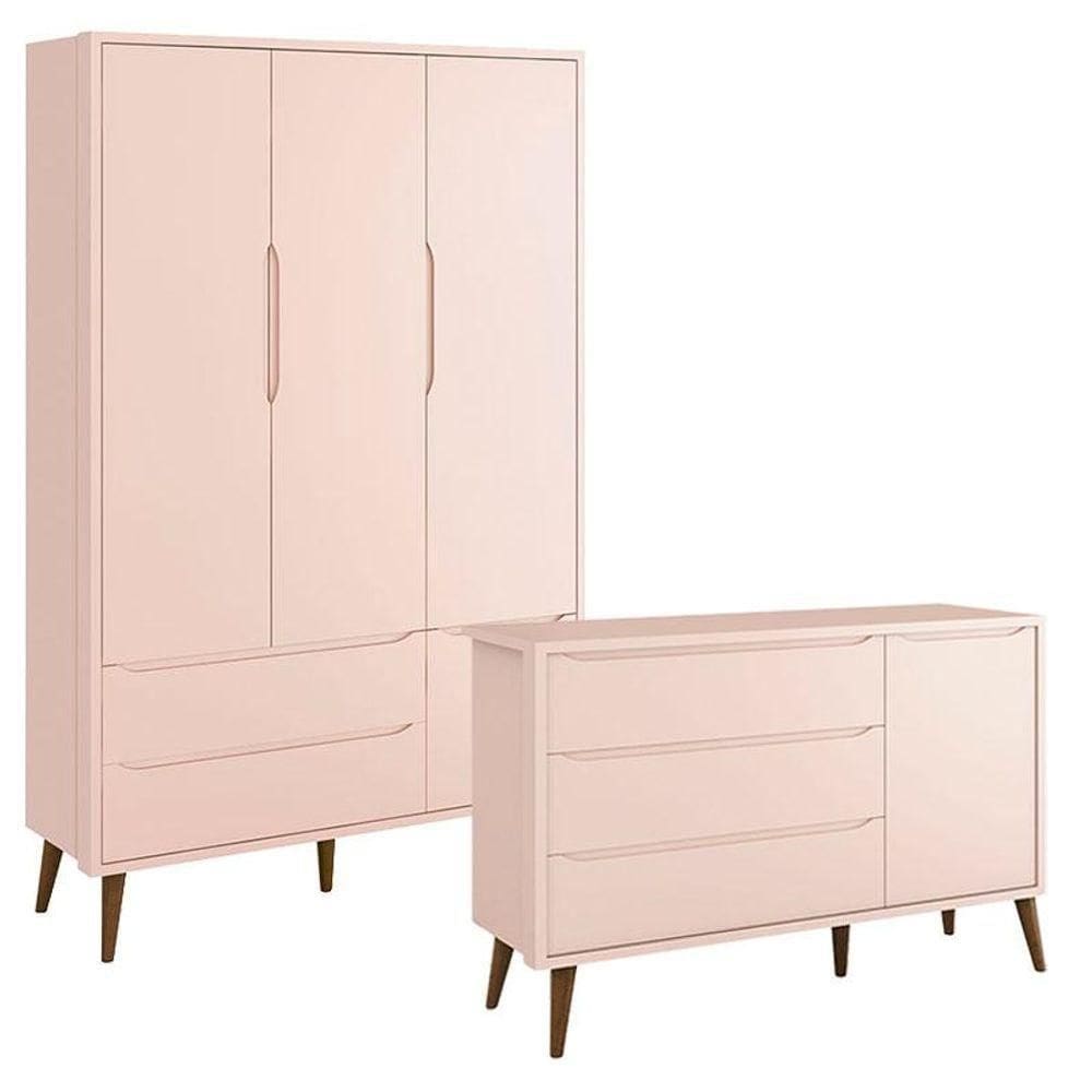 Guarda Roupa Infantil 3 Portas E Cômoda Theo 1 Porta Rosa Com Pés Amadeirados - Reller
