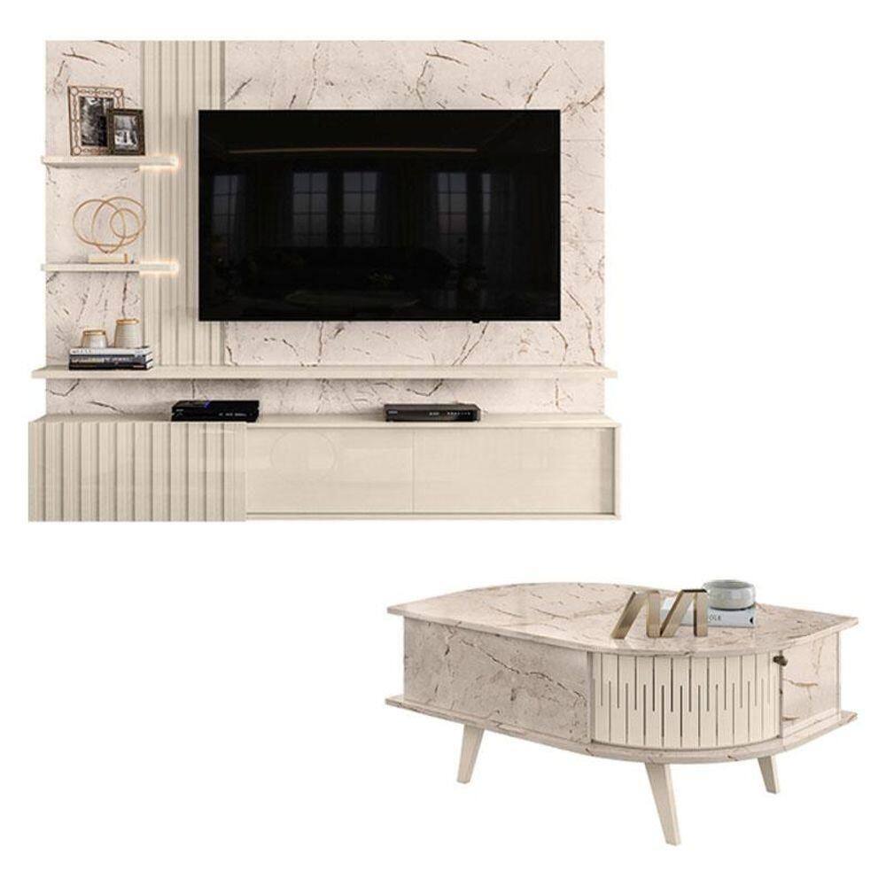 Estante Home Theater Suspenso Atena Com Mesa De Centro Indianápolis Calacata Off White - Madetec