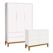 Cômoda 6 Portas E Guarda Roupa Infantil 3 Portas New Classic Branco Acetinado Com Pés Madeira - Reller