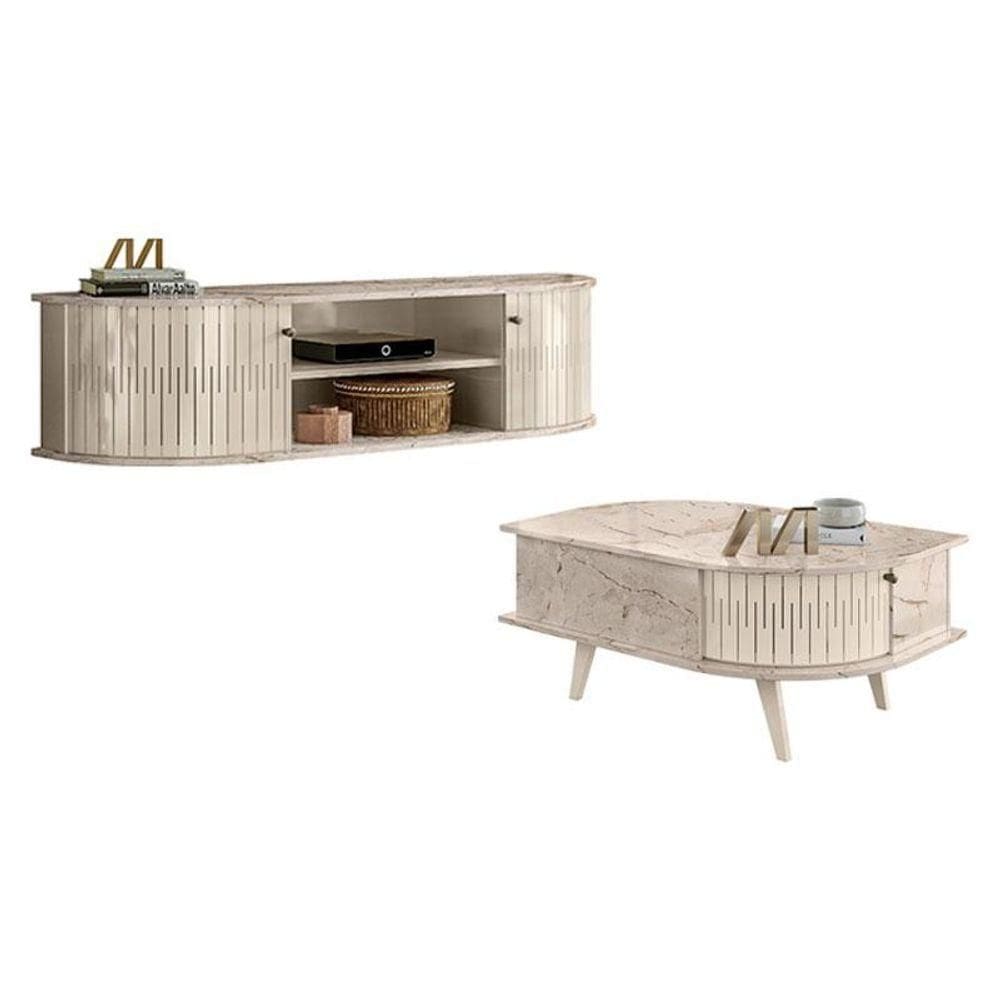 Rack Bancada Suspensa Modena Com Mesa De Centro Indianápolis Calacata Off White - Madetec