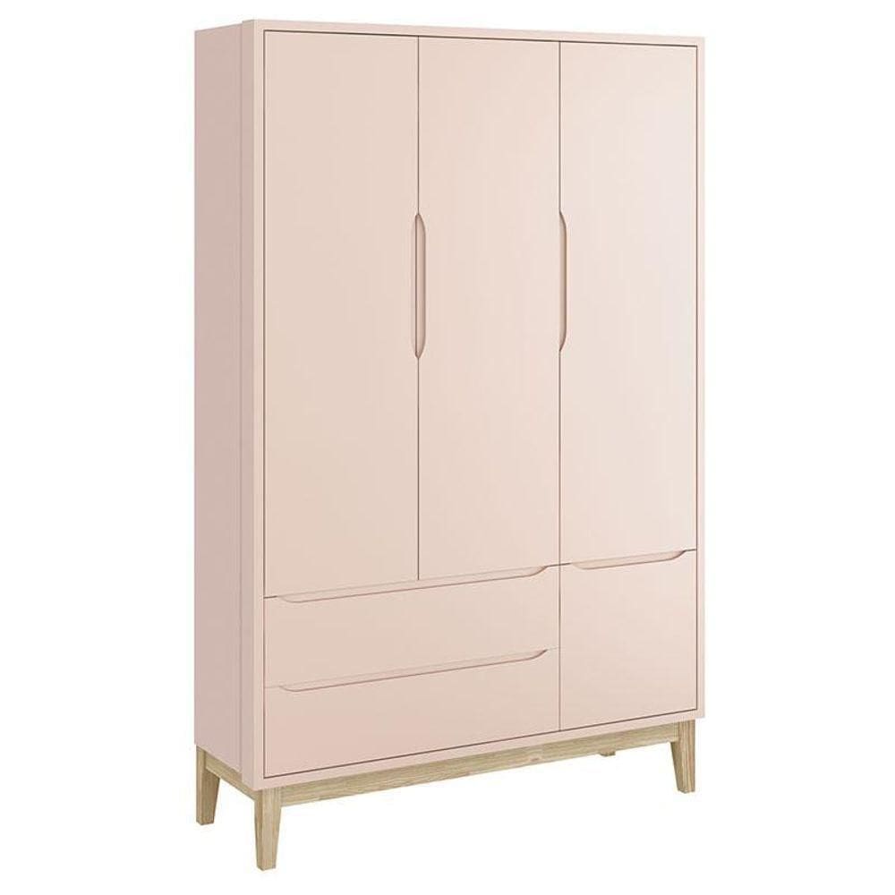 Guarda Roupa Infantil New Classic 3 Portas Rosa Com Pés Madeira Natural - Reller