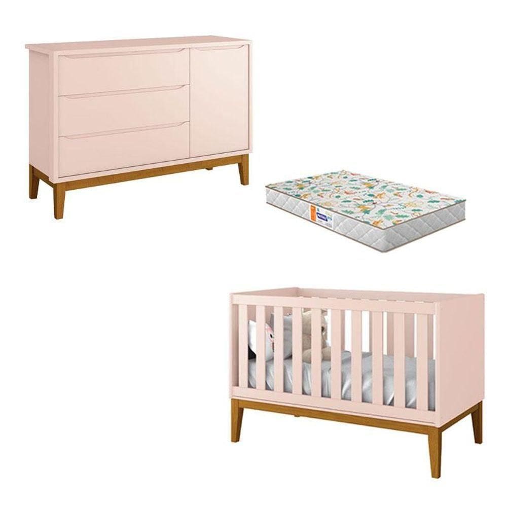 Berço Americano E Cômoda New Classic Rosa Com Pés Madeira E Colchão Gazin - Reller