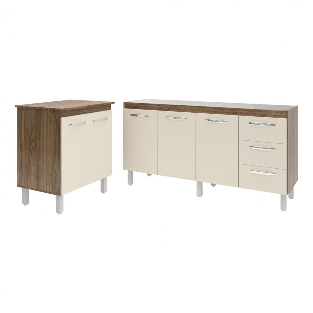 Balcão Cozinha Gabinete Para Pia 138 cm Carine e Balcão Jane Para Microondas ou Forno Elétrico Savana Off White