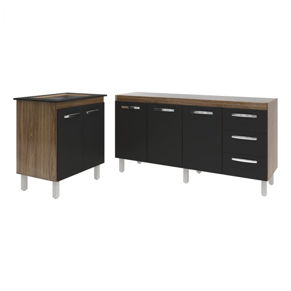 Balcão Cozinha Gabinete Para Pia 138 cm Carine e Balcão Fran Para Cooktop 5 Bocas Savana Preto