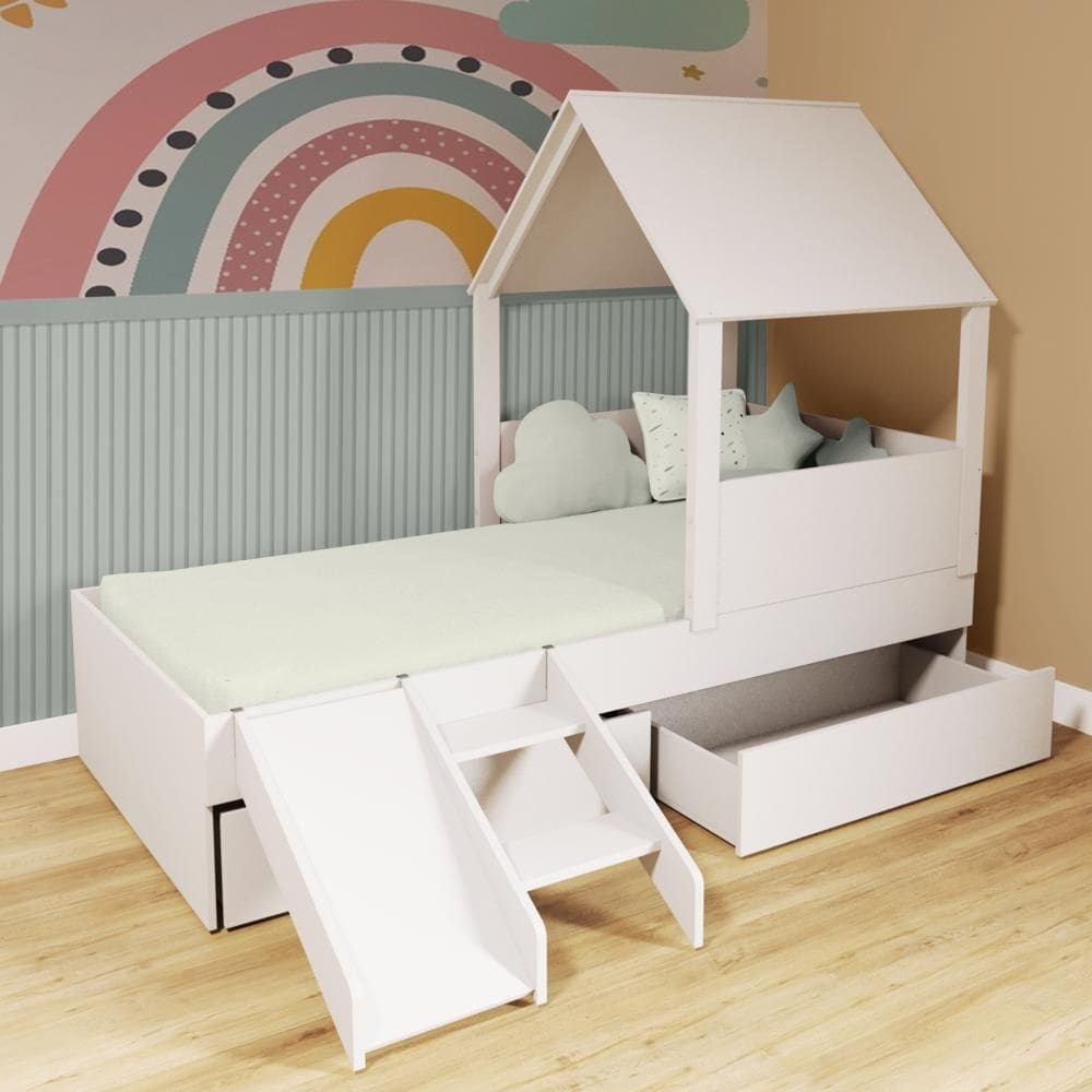 Cama Casinha com Telhado 02 Gavetas e Escada/ Escorregador Branco Megamobilia