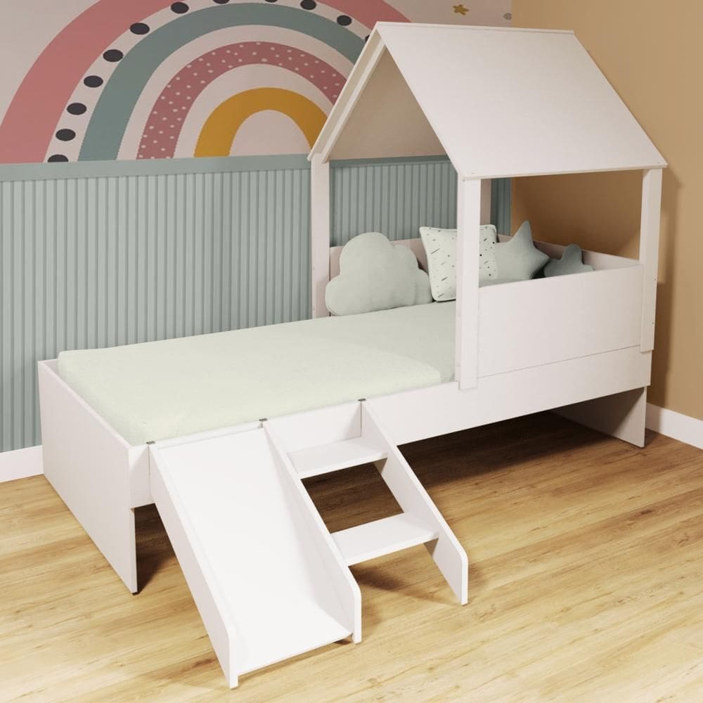 Cama Casinha com Telhado e Escada/ Escorregador Branco Megamobilia