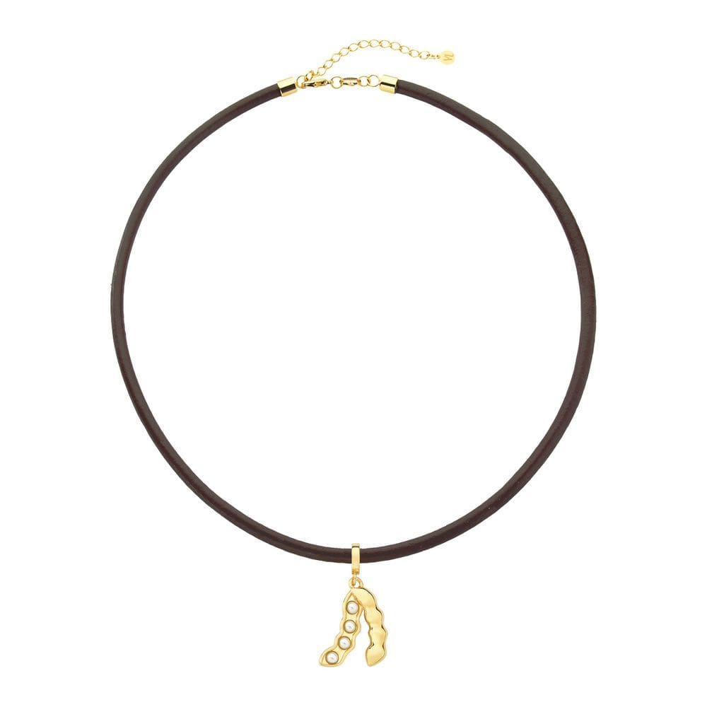 Colar de Couro Natural com Charm Soja 4 Pérolas