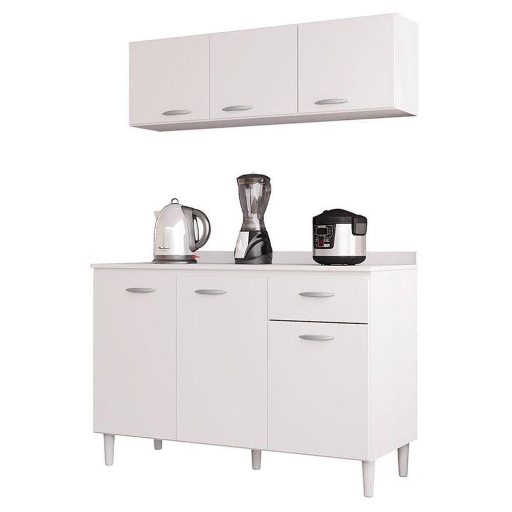 Balcão De Cozinha Com Tampo E Armário Aéreo 120 Cm Branco Brilho - Poquema