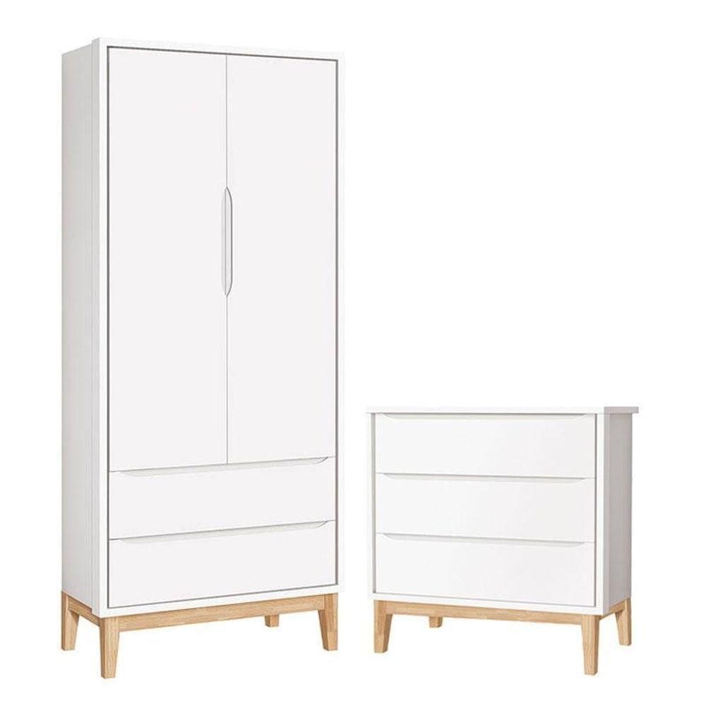 Cômoda Gaveteiro E Guarda Roupa Infantil 2 Portas New Classic Branco Com Pés Madeira Natural - Reller