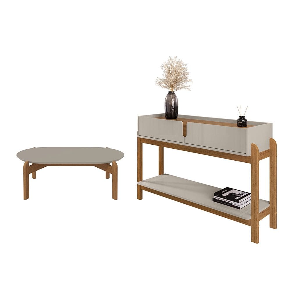 Aparador 02 Gavetas e Mesa de Centro Oblonga Lizz Off White Cedro Casa D