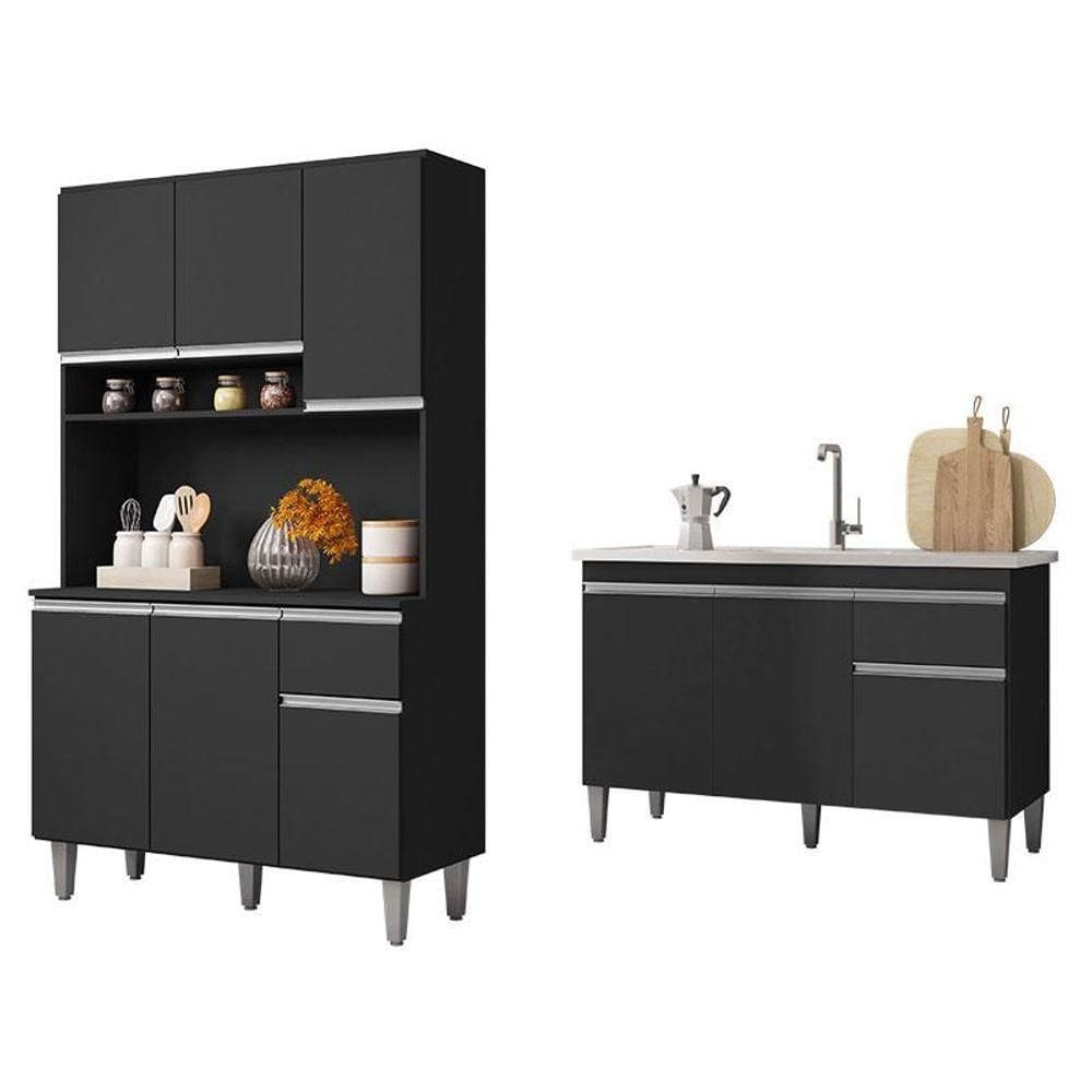 Balcão De Pia Tatiane 120 Cm E Armário Cozinha Kit Márcia Preto Fosco - Ajl