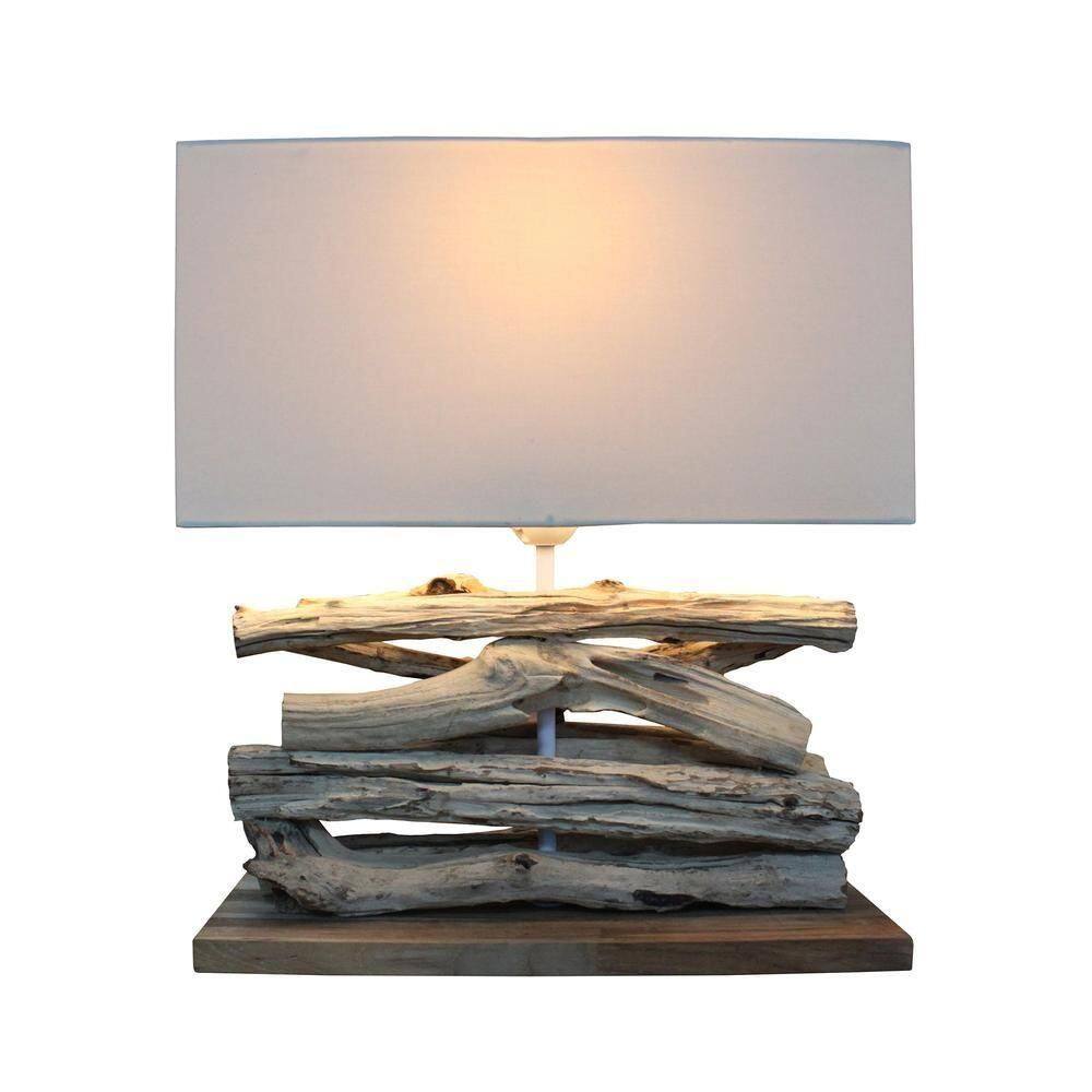 Abajur / Luminária De Mesa O`thentique Modelo Perifere Com Base De Madeira Teca