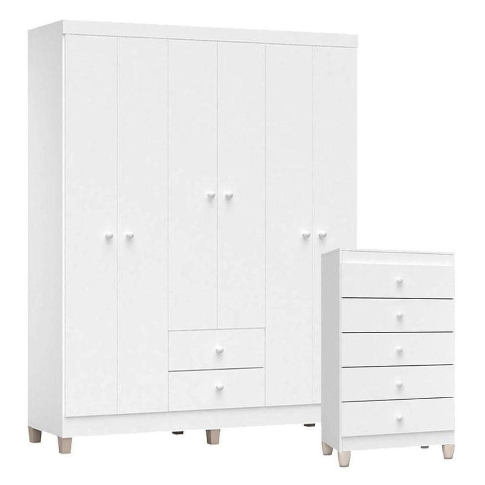 Cômoda Gaveteiro E Guarda Roupa 6 Portas Ternura Baby Branco Brilho - Incorplac