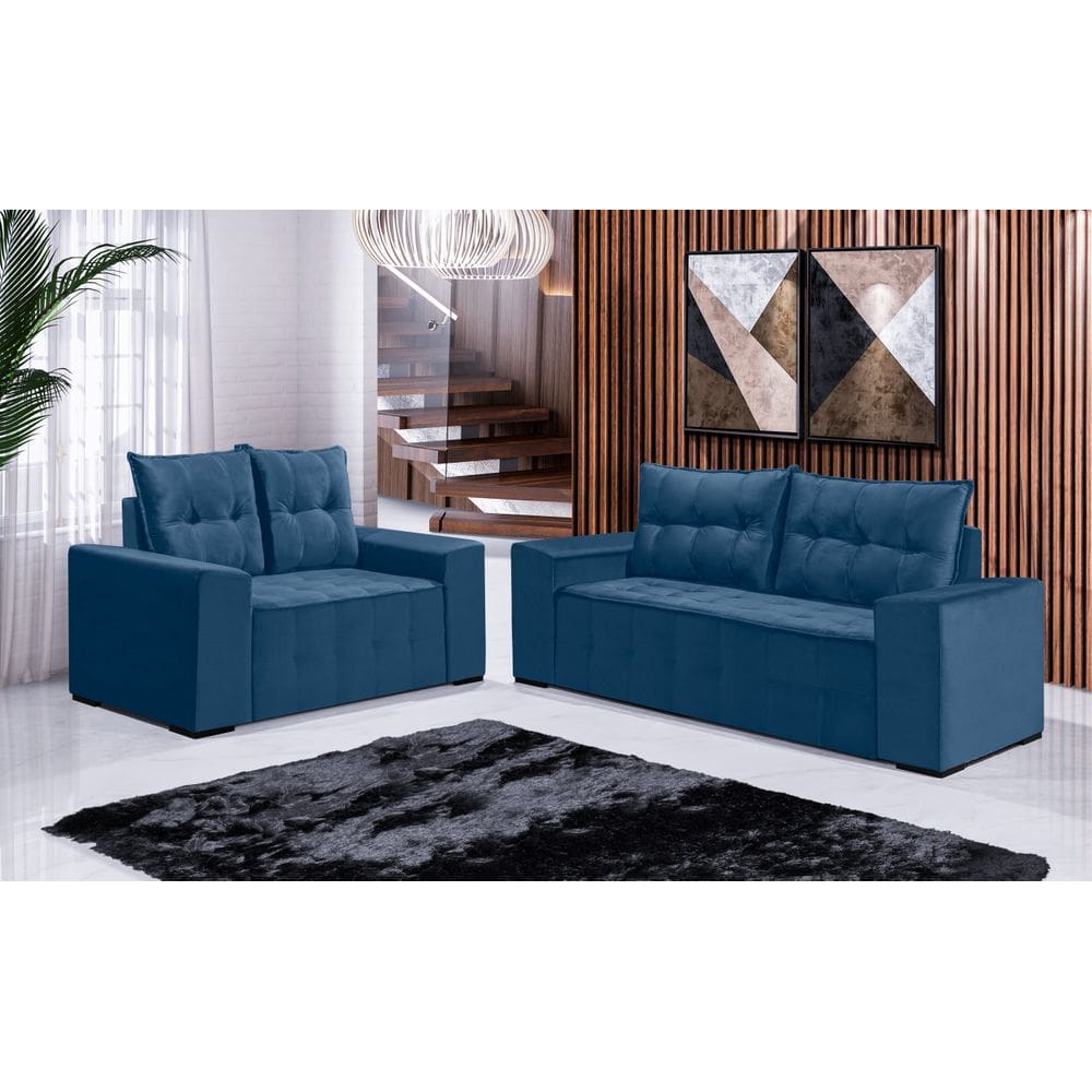 Conjunto Sofá de Veludo 3 e 2 lugares ESTILO ESTOFADOS Las Vegas 2,00x1,50m "Azul"