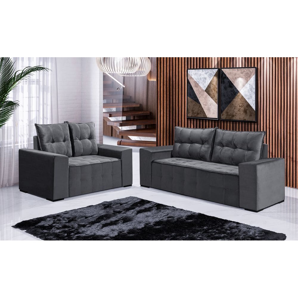 Conjunto Sofá de Veludo 3 e 2 lugares ESTILO ESTOFADOS Las Vegas 2,00x1,50m "Cinza"