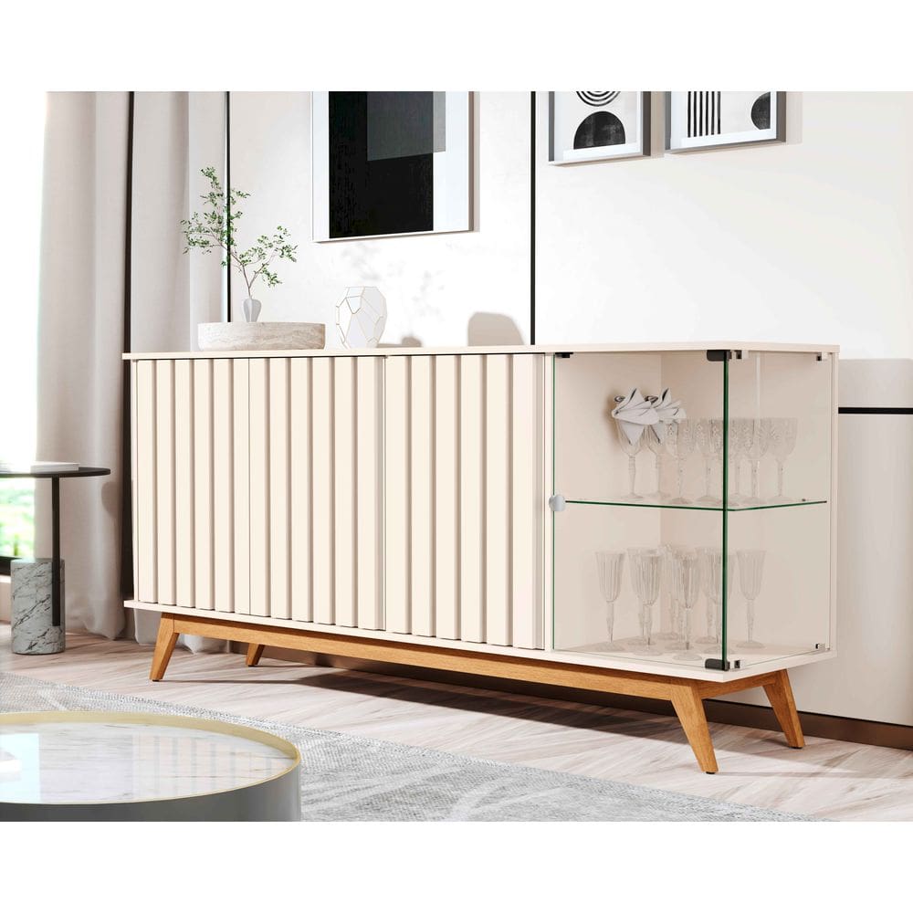 Aparador Buffet Ripado Sala Açaí 4 Portas com Pés de Madeira com Vidro OffWhite - Rede Móveis
