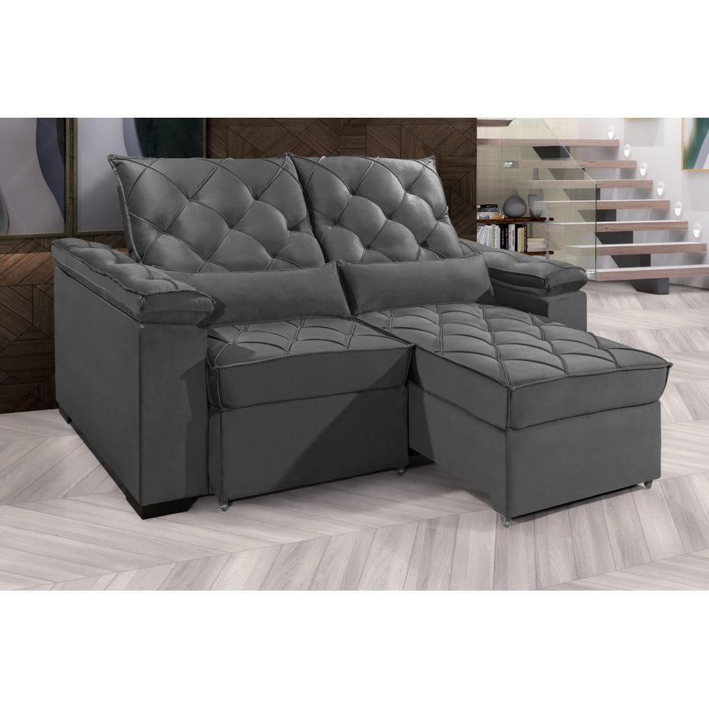 Sofá Retrátil e Reclinável BERLIM 2.10m Velusoft D33 "Cinza" - ESTILO ESTOFADOS