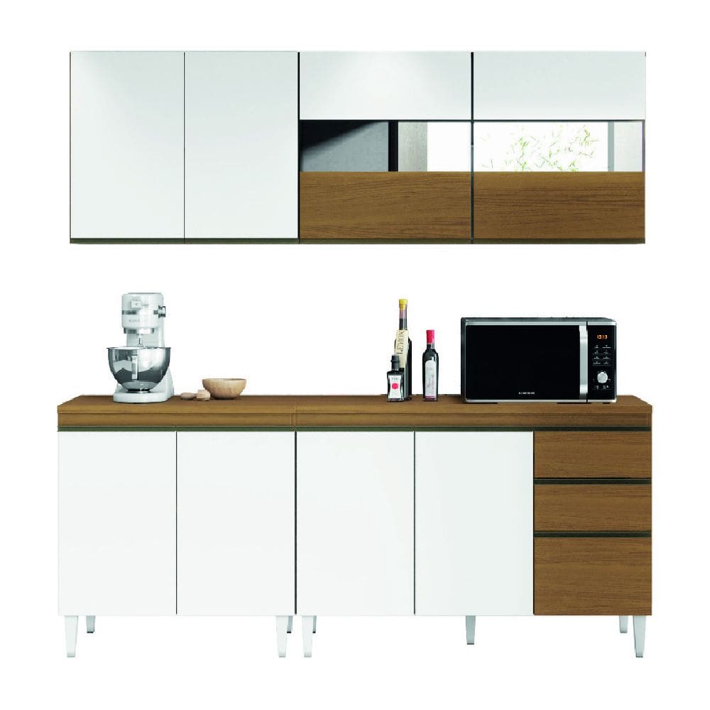Armário de Cozinha Completa com Balcão e Vidro Reflecta 9 Portas 2 Gavetas Clara Atacama/Branco Aramóveis