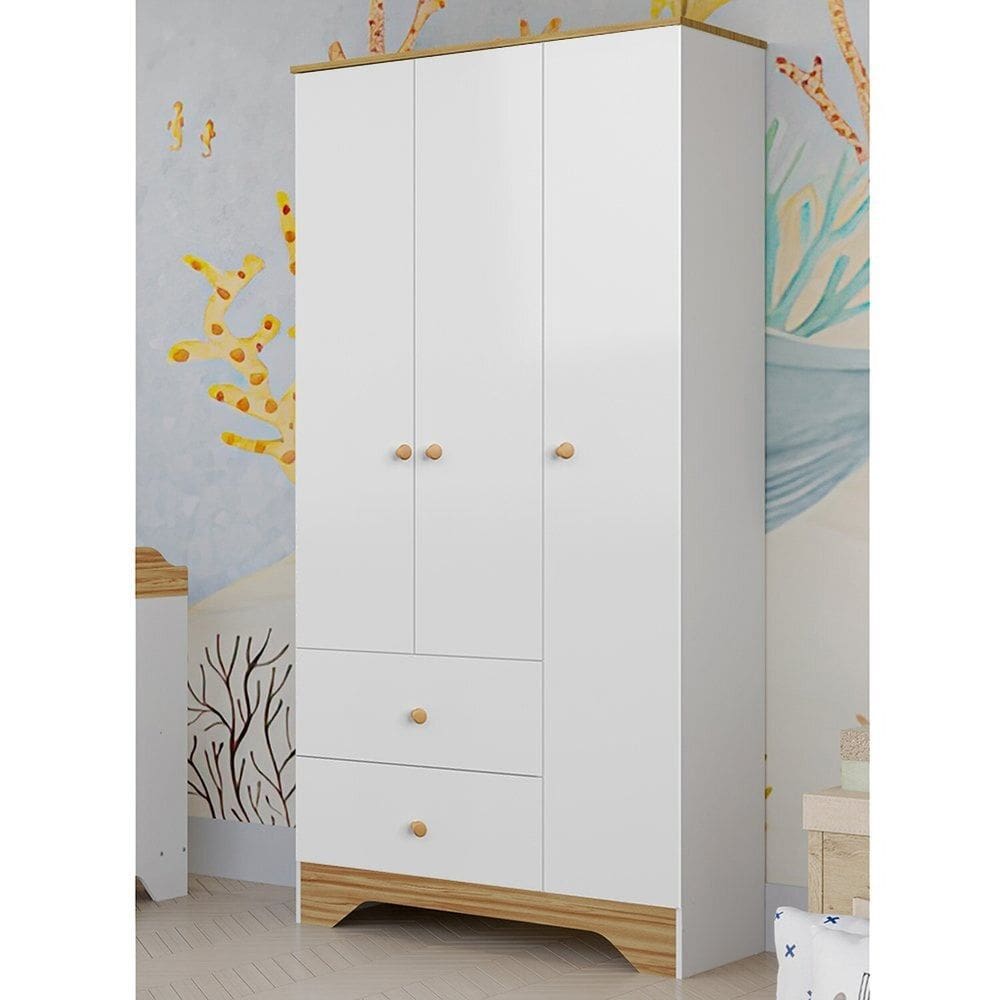 Guarda-roupa Infantil 3 Portas e 2 Gavetas 100% Mdf Cocada Branco Brilho/Amêndoa