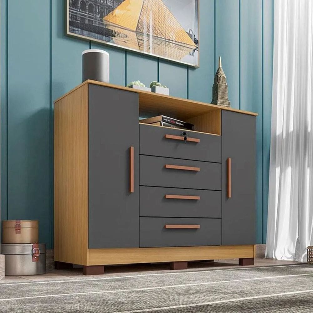 Cômoda Rack 2 Portas e 4 Gavetas Floripa Carvalho Americano/Grafite