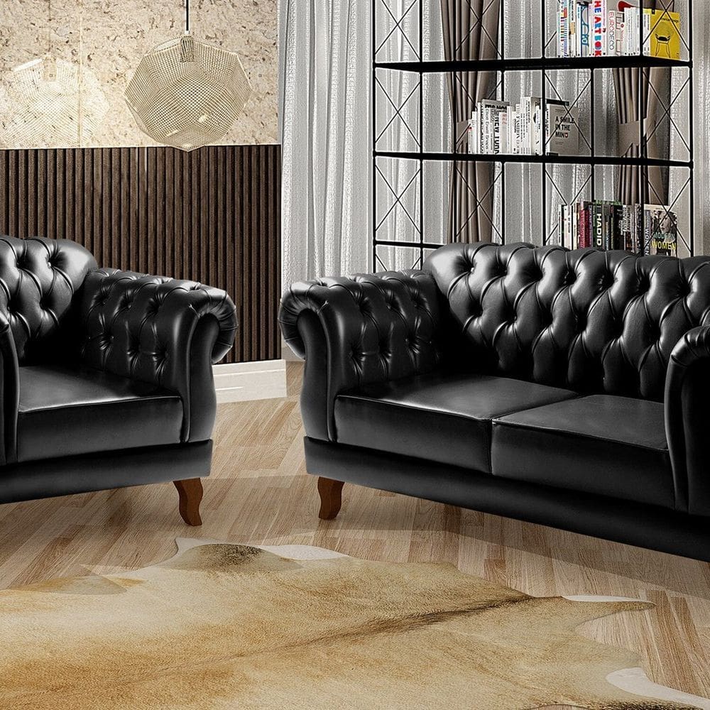 Sofá 2 e 1 Lugares Duquesa Decoração Sala Recepção Retrô Preto