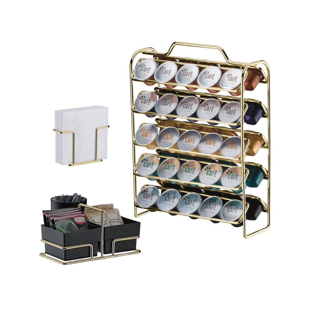 Kit Suporte Cápsulas Nespresso + Porta Guardanapos Sachês Preto Dourado - Future