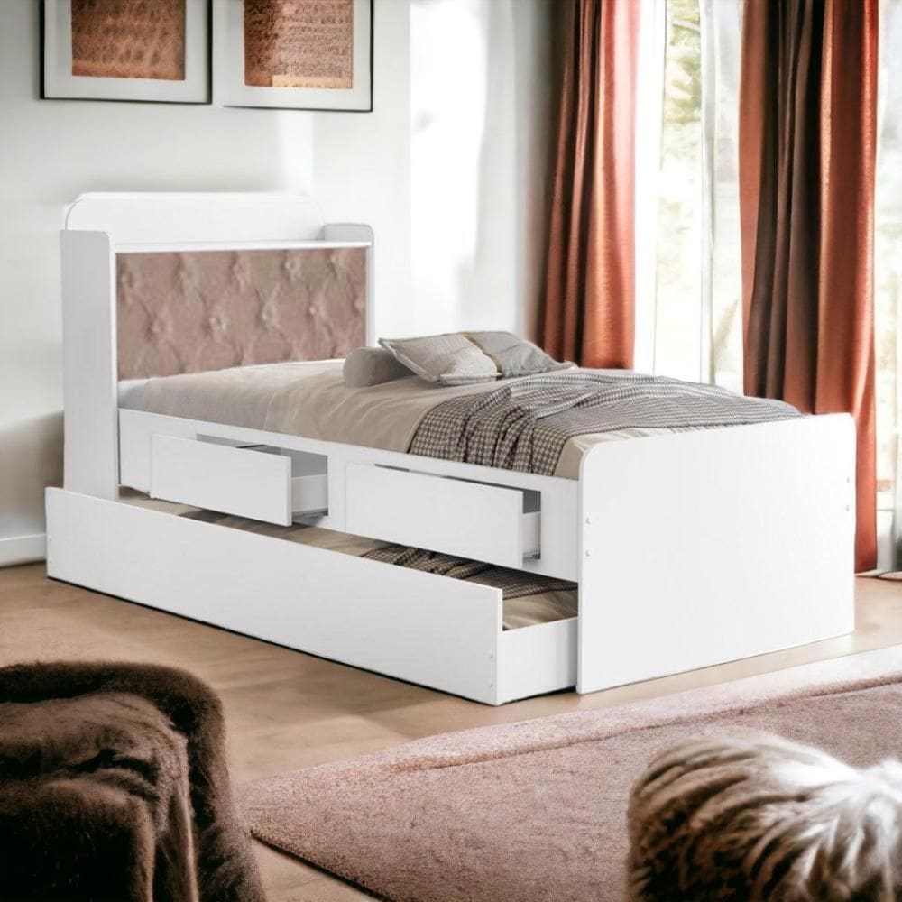 Cama Tamires Baú Branco com Auxiliar e Capitonê Bege
