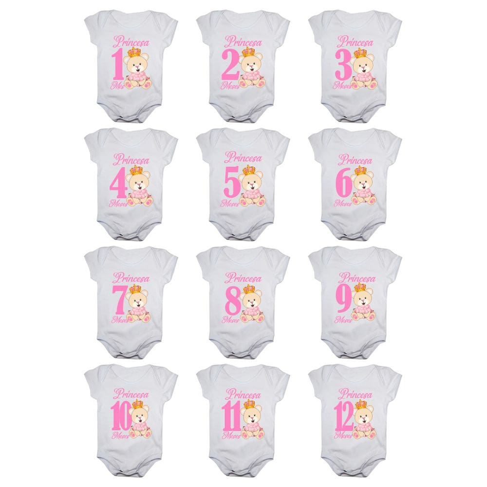 Kit body de bebê mesversario manga curta ursinha princesa 12 bodies 1 a 12 meses