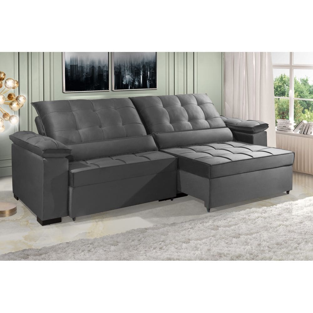 Sofá Retrátil e Reclinável RENEW 2.90m ESTILO ESTOFADOS - França Velusoft Cor "Cinza"