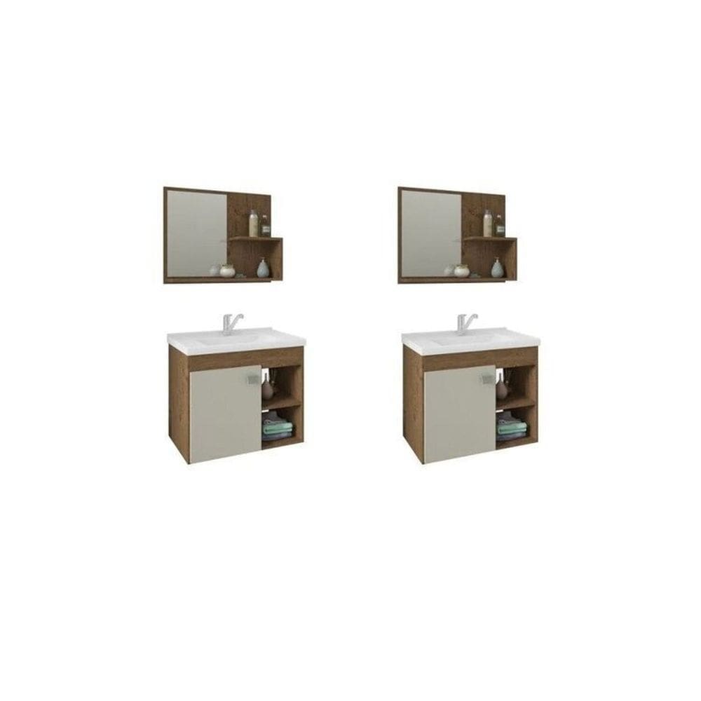 Kit com 2 Gabinetes Suspensos com Cuba e Espelheira Bia Amêndoa/Off White