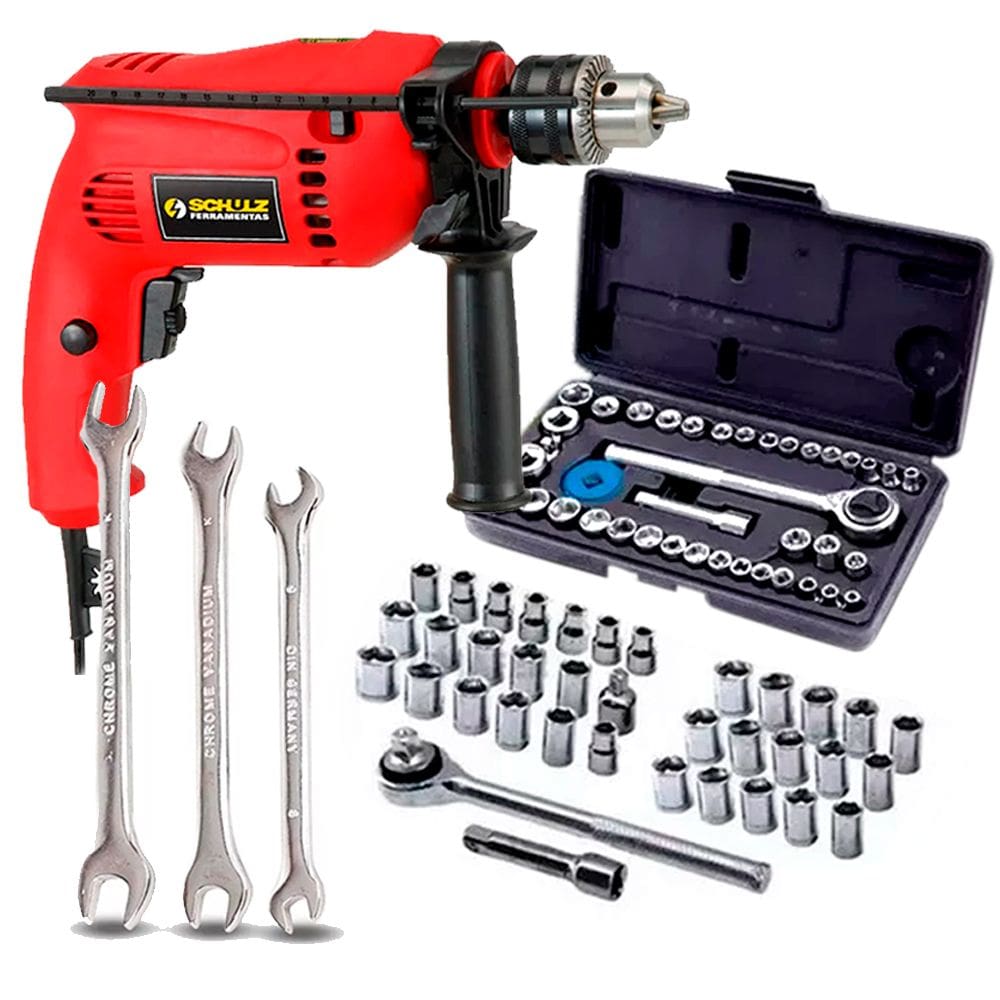 FURADEIRA 1/2” 0500W  COM IMPACTO + KIT SOQUETES 43 PEÇAS