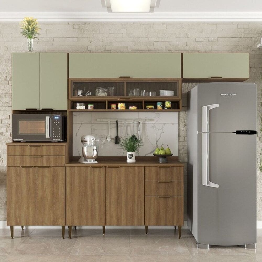 Cozinha Compacta 4 Peças 9 Portas 5 Gavetas Paris Nogal Manchester/ Verde Matte