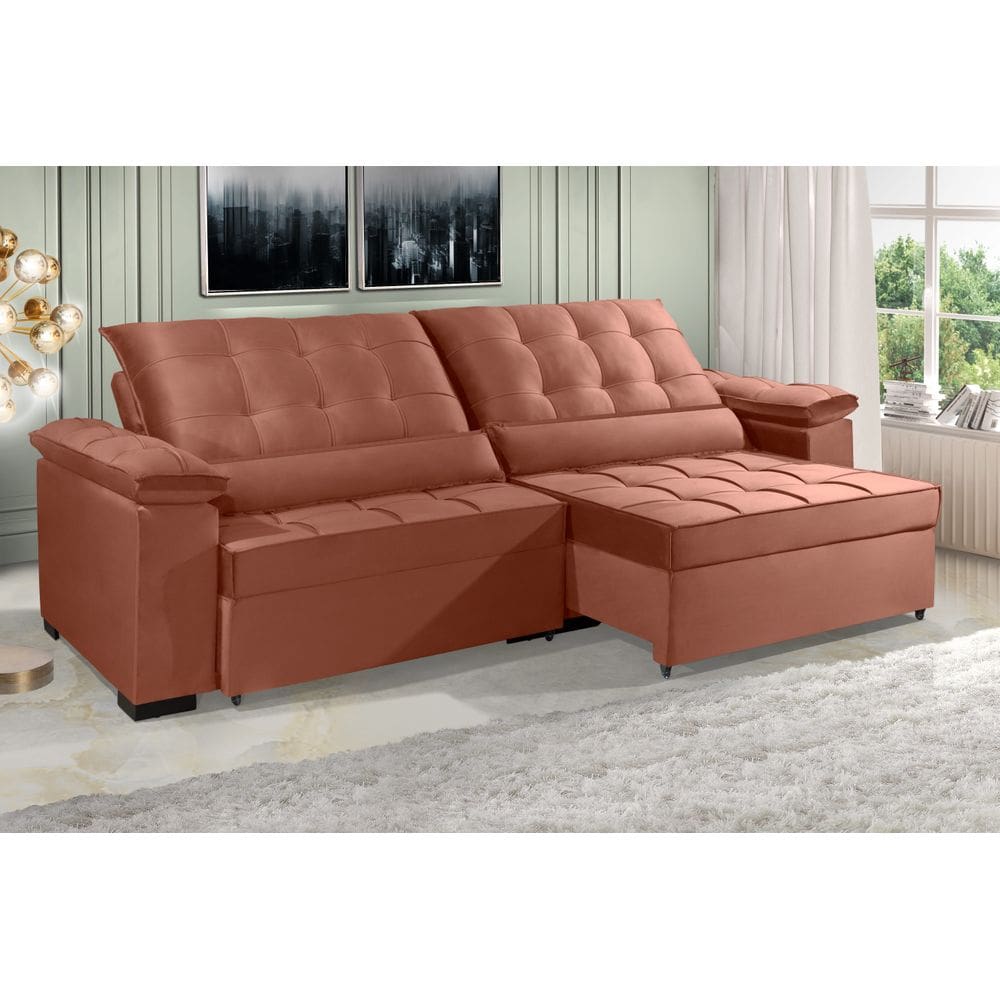 Sofá Retrátil e Reclinável RENEW 2.30m ESTILO ESTOFADOS - França Velusoft Cor &quot;Terracota&quot;