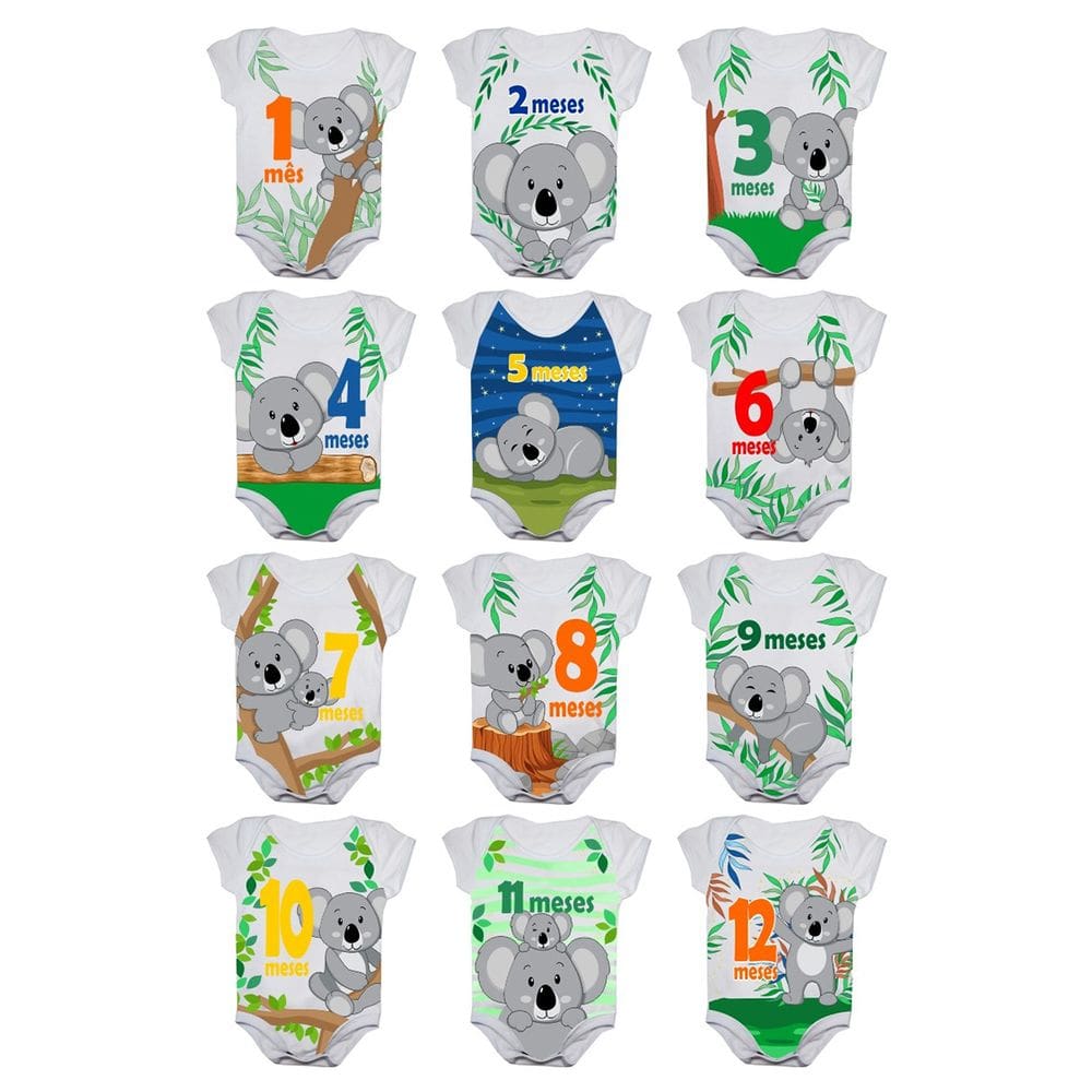 Kit Body Bebê Mesversario Manga Curta Coalas 12 Bodies de 1 a 12 Meses