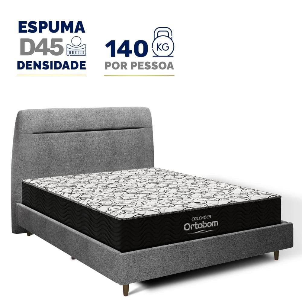 Cama + Cabeceira Genebra Bouclé com Colchão de Espuma D45 Ortobom Airtech 150 D45 Casal 138cm