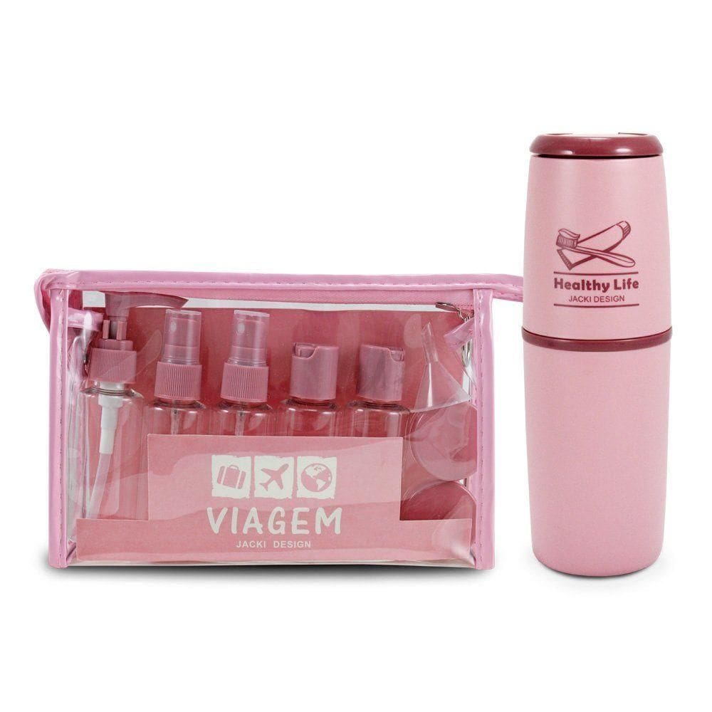 Conjunto De Frascos Com 10 Peças E Porta Escova E Pasta De Dente - Jacki Design Rosa