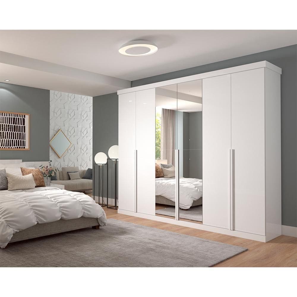 Guarda Roupa Casal Em Mdf 6 Portas Com Espelho Guarapari Panan Móveis Branco