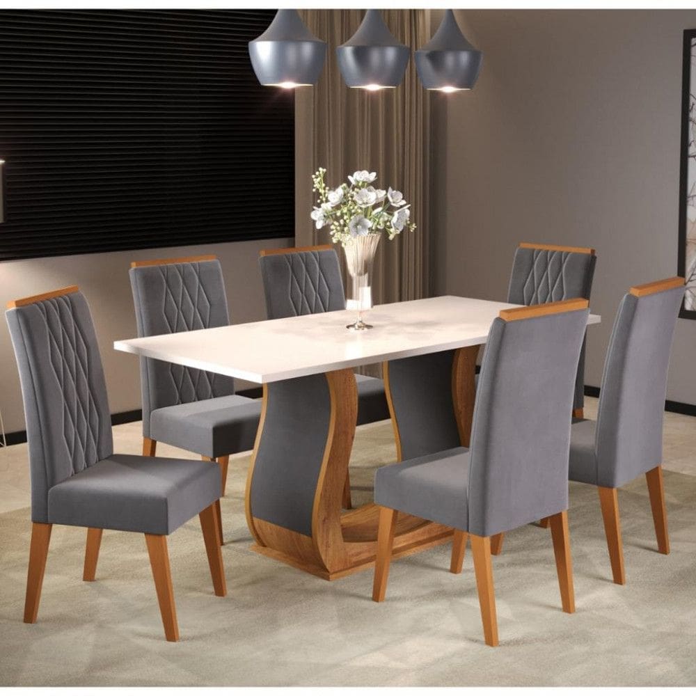 Conjunto Sala de Jantar Mesa Bertioga 6 Cadeiras Cristal Viero
