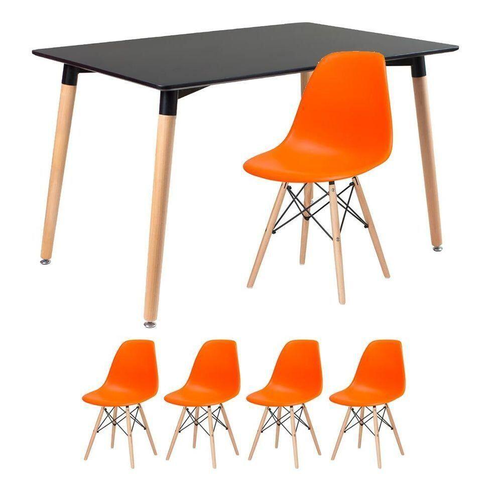 Mesa De Jantar Retangular Eames 80 X 120 Cm Preto + 4 Cadeiras Eiffel Dsw Laranja