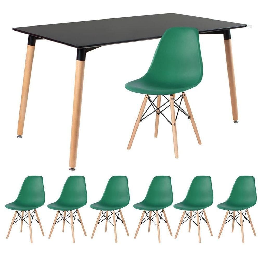Mesa De Jantar Retangular Eames 80 X 140 Cm Preto + 6 Cadeiras Eiffel Dsw Verde Escuro