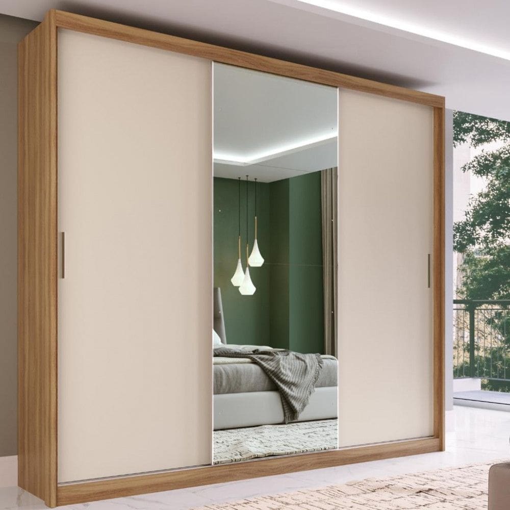 Guarda Roupa Casal com Espelho 3 Portas de Correr 2 Gavetas Dalila Demobile