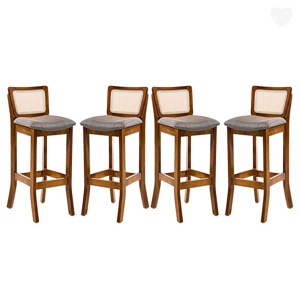 Kit 4 Banquetas Alta com Encosto em Rattan Portugal Estofado Linho Cinza L55 RMI