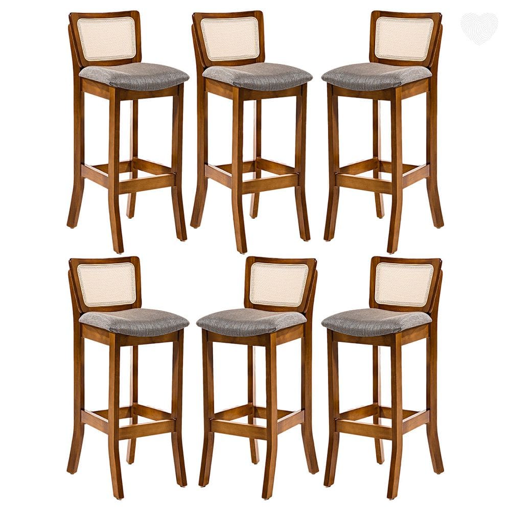 Kit 6 Banquetas Alta com Encosto Rattan Portugal Estofada Linho Cinza L55 RMI