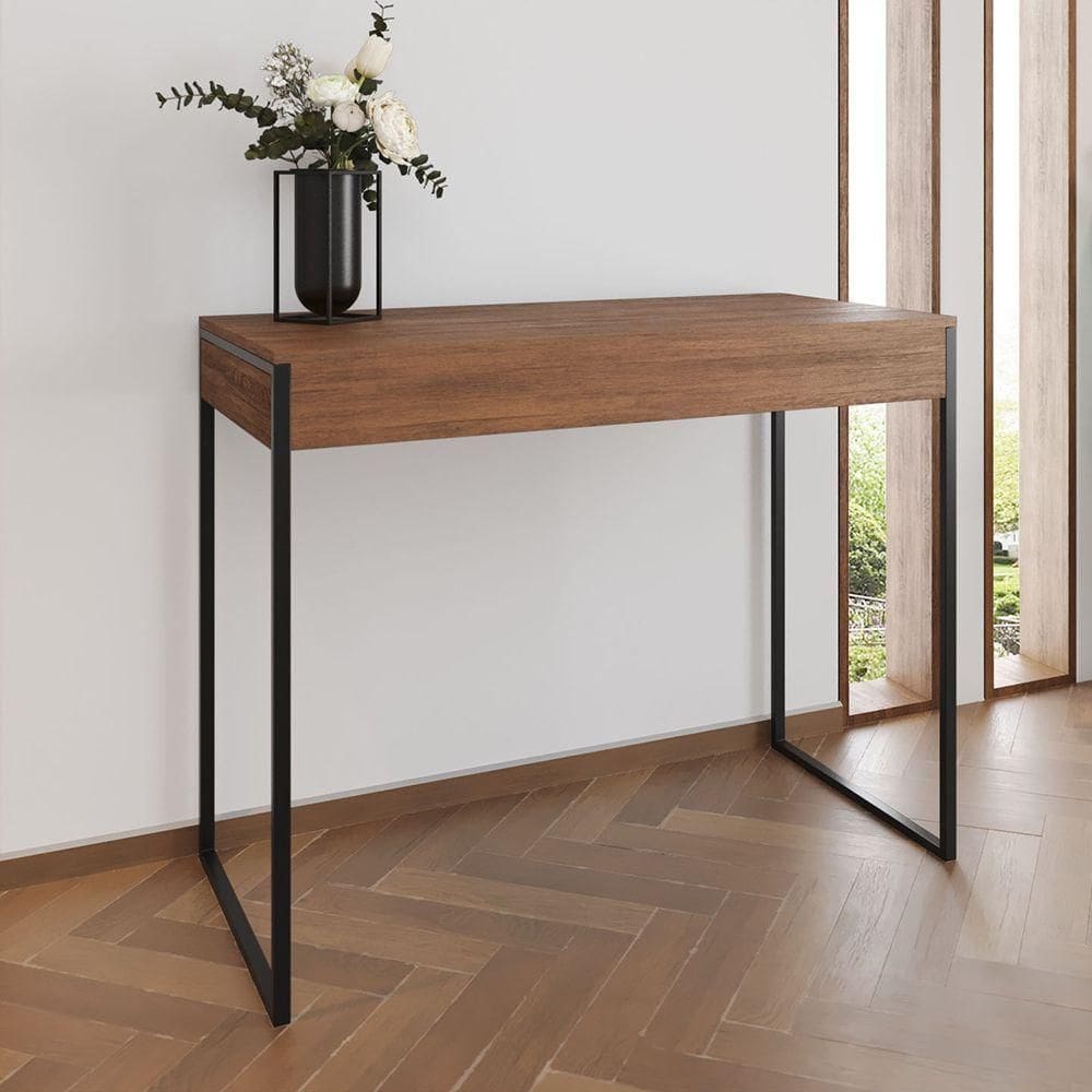 Aparador Industrial Retangular Califórnia Amêndoa 137X40Cm Base Ferro Preto - Cor: Marrom